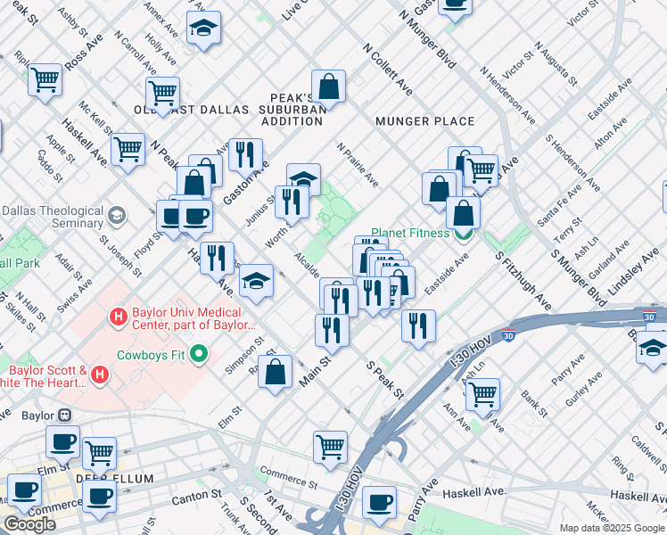 map of restaurants, bars, coffee shops, grocery stores, and more near 309 North Carroll Avenue in Dallas