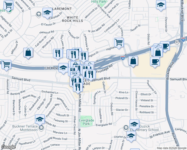 map of restaurants, bars, coffee shops, grocery stores, and more near 8344 East R L Thornton Freeway in Dallas