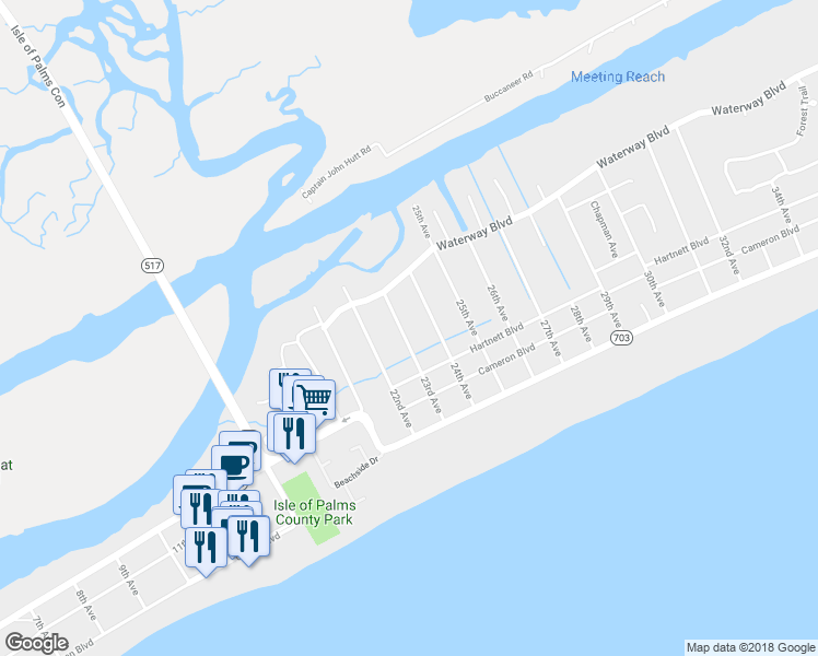 map of restaurants, bars, coffee shops, grocery stores, and more near 24 23rd Avenue in Isle of Palms