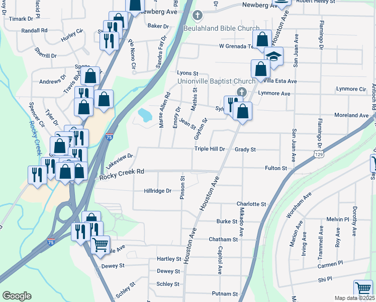 map of restaurants, bars, coffee shops, grocery stores, and more near 1156 Triple Hill Drive in Macon