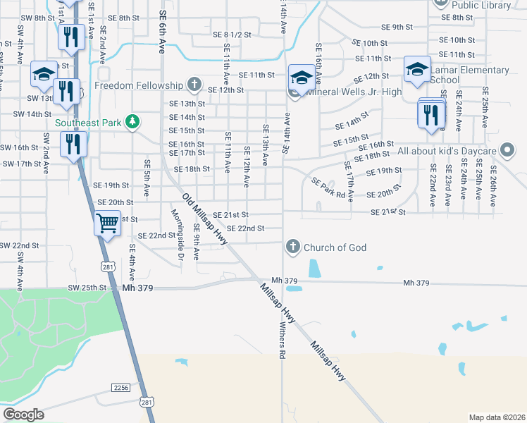 map of restaurants, bars, coffee shops, grocery stores, and more near 1307 Southeast 21st Street in Mineral Wells