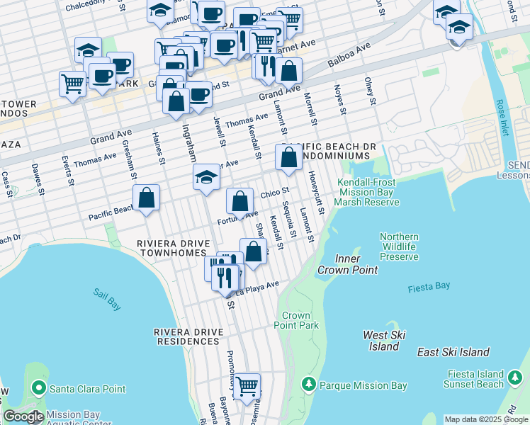 map of restaurants, bars, coffee shops, grocery stores, and more near 1787 Fortuna Avenue in San Diego