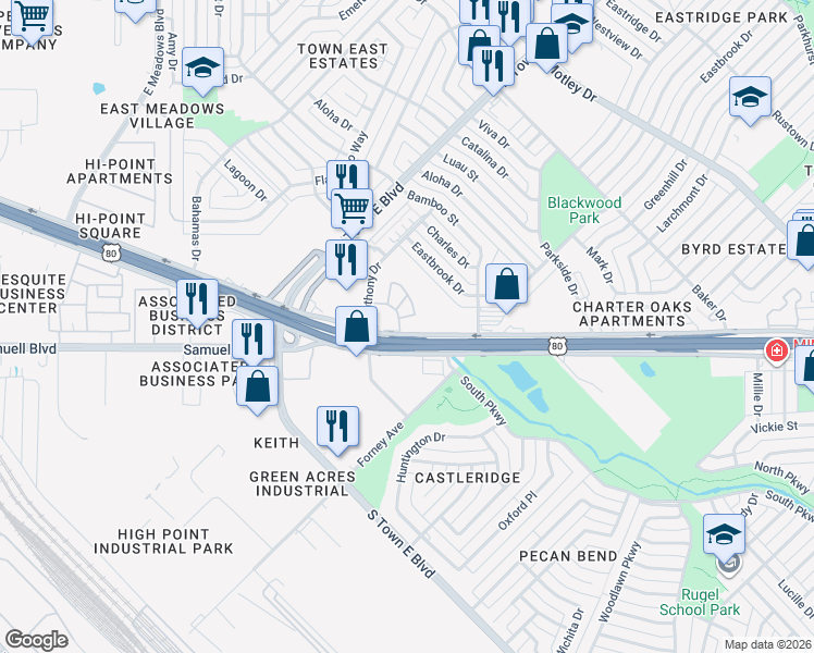 map of restaurants, bars, coffee shops, grocery stores, and more near 3417 U.S. 80 Frontage Road in Mesquite