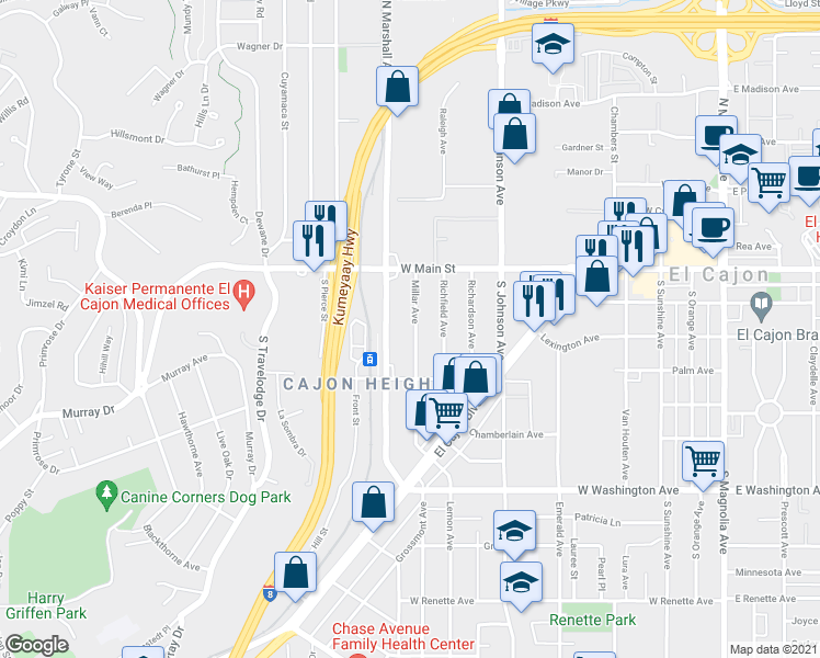 map of restaurants, bars, coffee shops, grocery stores, and more near 248 Millar Avenue in El Cajon