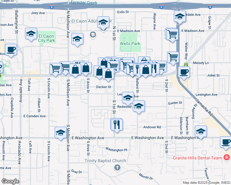 map of restaurants, bars, coffee shops, grocery stores, and more near 1100 Lexington Avenue in El Cajon