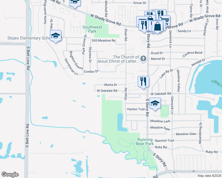 map of restaurants, bars, coffee shops, grocery stores, and more near 2705 West Oakdale Road in Irving