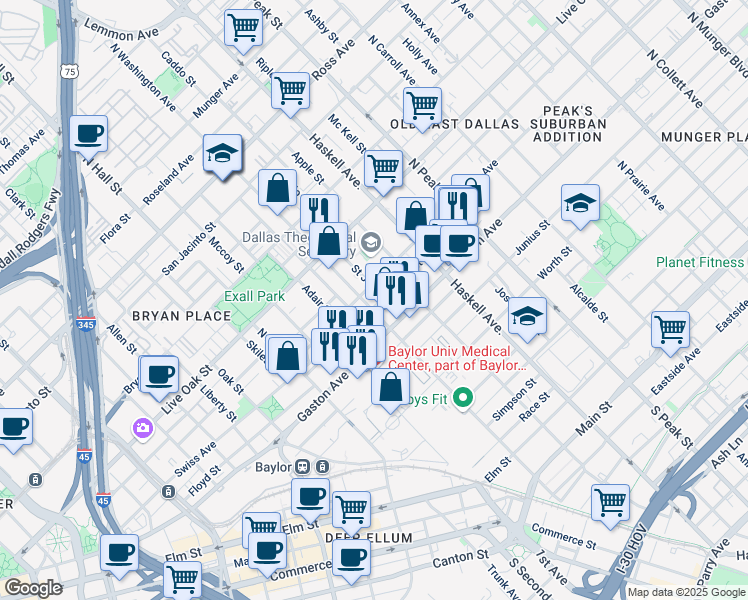 map of restaurants, bars, coffee shops, grocery stores, and more near 1004 N Washington Ave in Dallas
