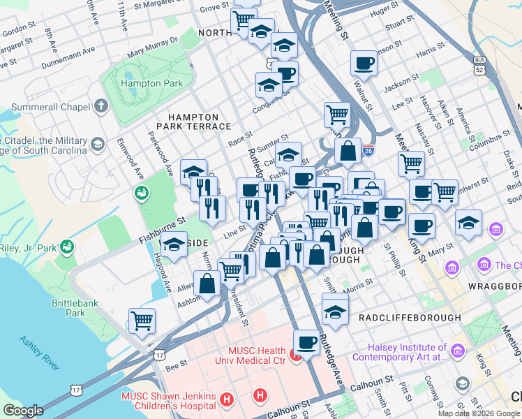 map of restaurants, bars, coffee shops, grocery stores, and more near 9 Nunan Street in Charleston