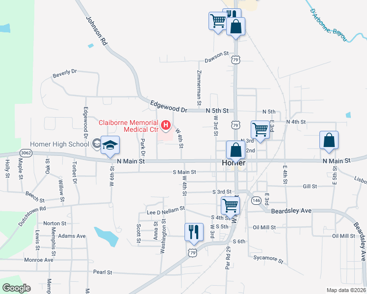 map of restaurants, bars, coffee shops, grocery stores, and more near 624 West 4th Street in Homer