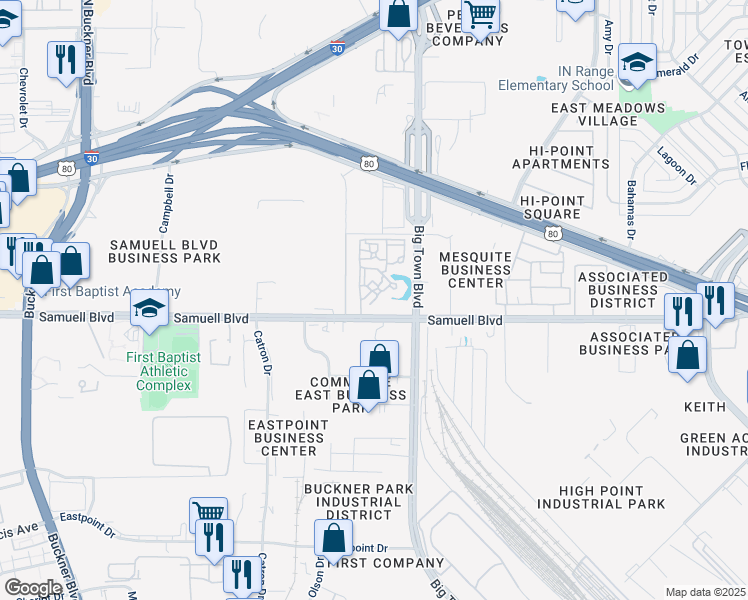 map of restaurants, bars, coffee shops, grocery stores, and more near 4701 Samuell Boulevard in Mesquite
