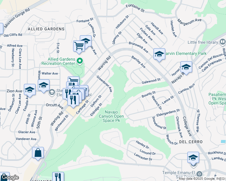 map of restaurants, bars, coffee shops, grocery stores, and more near 5376 Greenbrier Avenue in San Diego