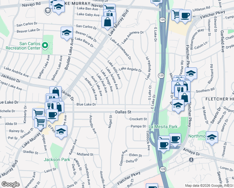 map of restaurants, bars, coffee shops, grocery stores, and more near 6230 Lake Ariana Avenue in San Diego