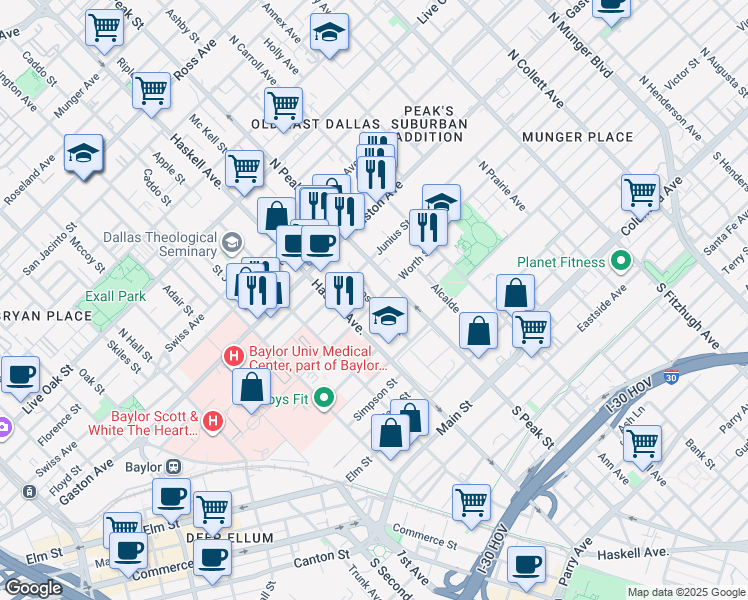 map of restaurants, bars, coffee shops, grocery stores, and more near 4205 Worth Street in Dallas
