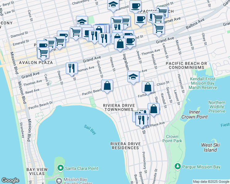 map of restaurants, bars, coffee shops, grocery stores, and more near 4065 Riviera Drive in San Diego