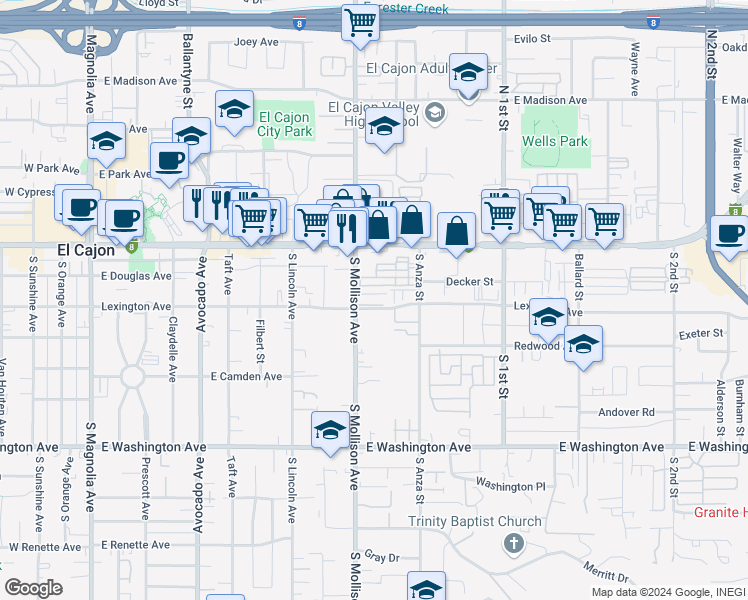 map of restaurants, bars, coffee shops, grocery stores, and more near 267 South Mollison Avenue in El Cajon