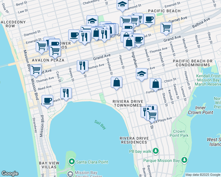 map of restaurants, bars, coffee shops, grocery stores, and more near 1351 Pacific Beach Drive in San Diego