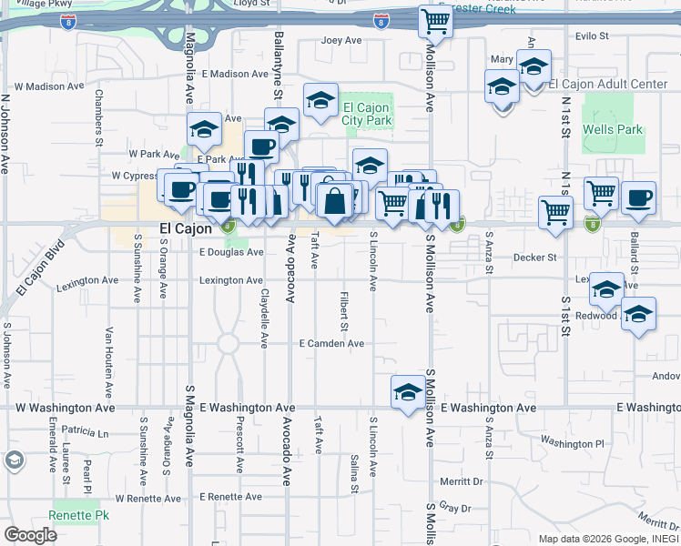 map of restaurants, bars, coffee shops, grocery stores, and more near 558 East Lexington Avenue in El Cajon