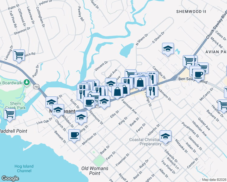 map of restaurants, bars, coffee shops, grocery stores, and more near 4 Vincent Drive in Mount Pleasant