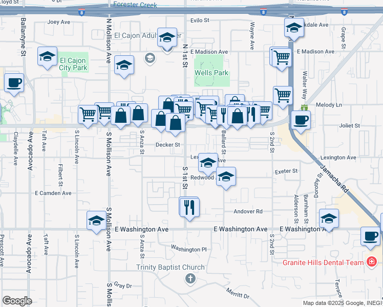map of restaurants, bars, coffee shops, grocery stores, and more near 1100 Lexington Avenue in El Cajon