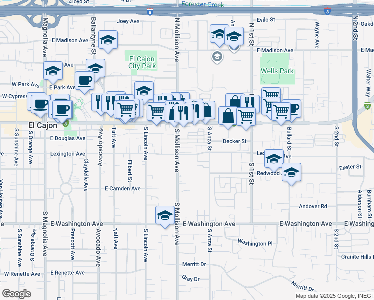 map of restaurants, bars, coffee shops, grocery stores, and more near 283 Lexington Avenue in El Cajon