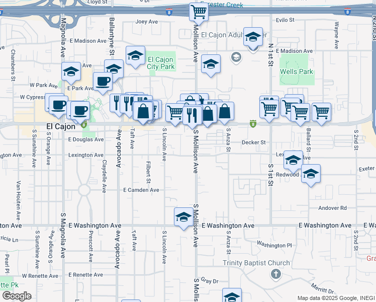 map of restaurants, bars, coffee shops, grocery stores, and more near 800 Lexington Avenue in El Cajon