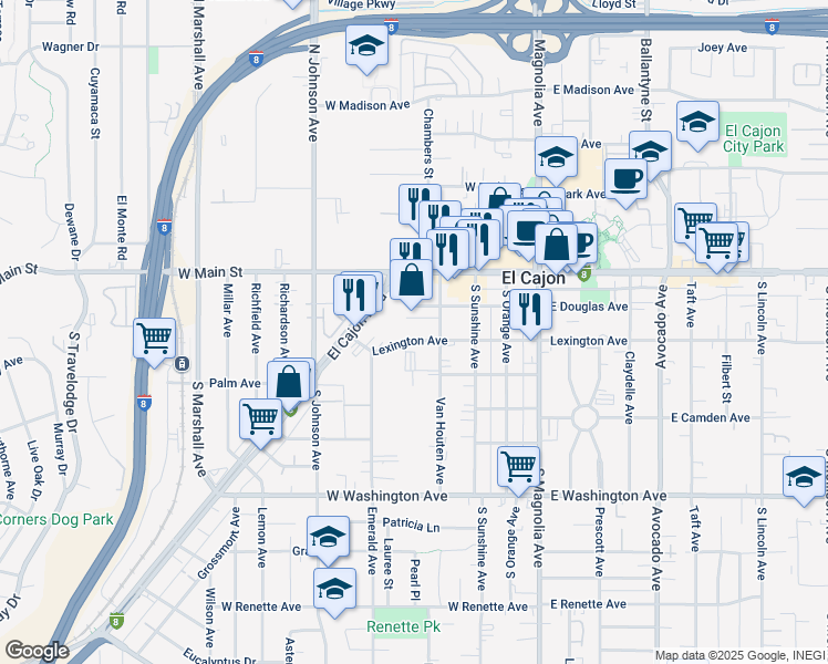map of restaurants, bars, coffee shops, grocery stores, and more near 444 West Lexington Avenue in El Cajon