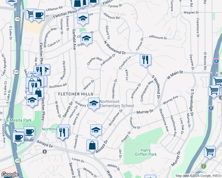 map of restaurants, bars, coffee shops, grocery stores, and more near 6285 Cresthaven Drive in La Mesa