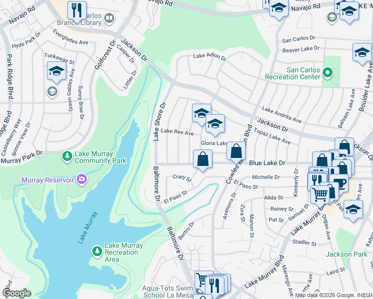 map of restaurants, bars, coffee shops, grocery stores, and more near 6243 Lake Lomond Drive in San Diego