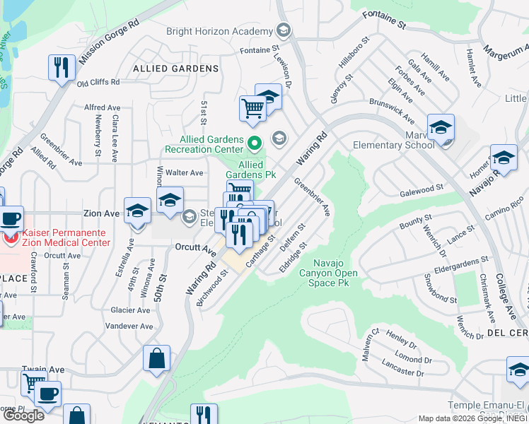 map of restaurants, bars, coffee shops, grocery stores, and more near 6652 Birchwood Street in San Diego