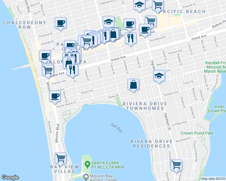 map of restaurants, bars, coffee shops, grocery stores, and more near 1220 Pacific Beach Drive in San Diego