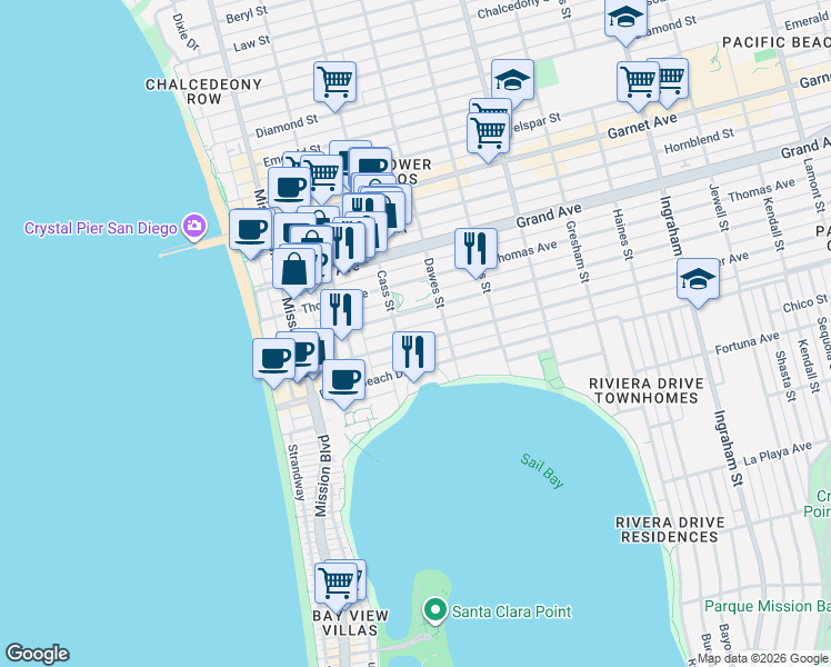 map of restaurants, bars, coffee shops, grocery stores, and more near 4206 Cass Street in San Diego
