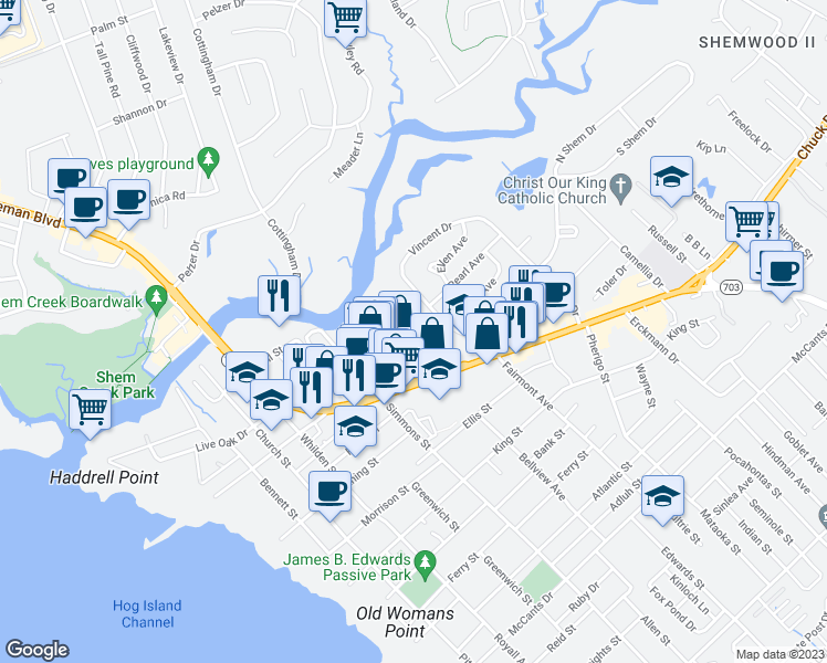 map of restaurants, bars, coffee shops, grocery stores, and more near 656 Coleman Boulevard in Mount Pleasant