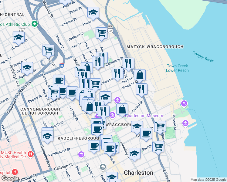 map of restaurants, bars, coffee shops, grocery stores, and more near 37 South Street in Charleston
