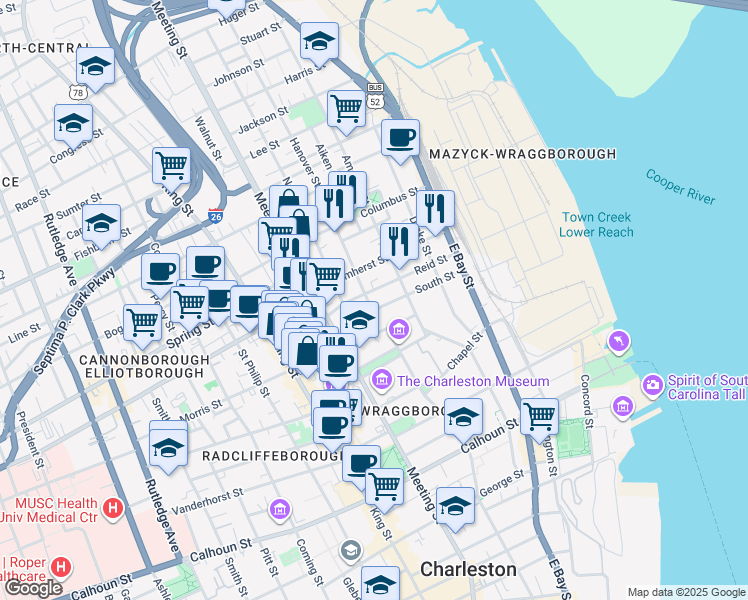 map of restaurants, bars, coffee shops, grocery stores, and more near 51 Reid Street in Charleston