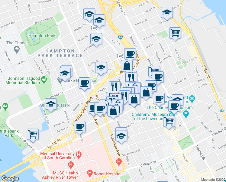 map of restaurants, bars, coffee shops, grocery stores, and more near 25 Percy Street in Charleston