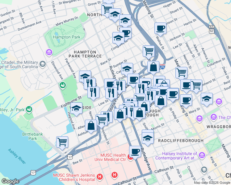 map of restaurants, bars, coffee shops, grocery stores, and more near 20 Nunan Street in Charleston