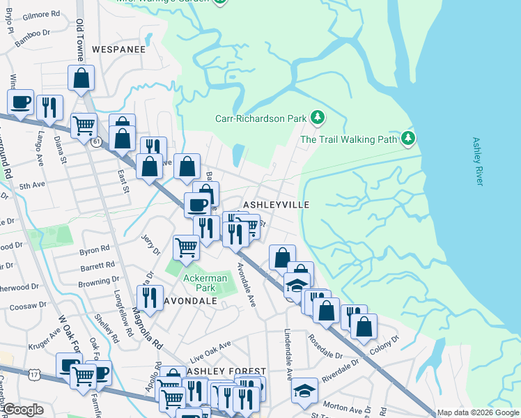 map of restaurants, bars, coffee shops, grocery stores, and more near 843 Minnie Street in Charleston