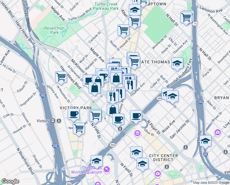 map of restaurants, bars, coffee shops, grocery stores, and more near 2535 North Pearl Street in Dallas