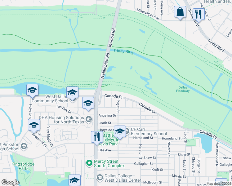 map of restaurants, bars, coffee shops, grocery stores, and more near 2007 Canada Drive in Dallas