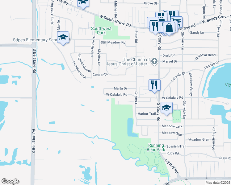 map of restaurants, bars, coffee shops, grocery stores, and more near 2705 West Oakdale Road in Irving