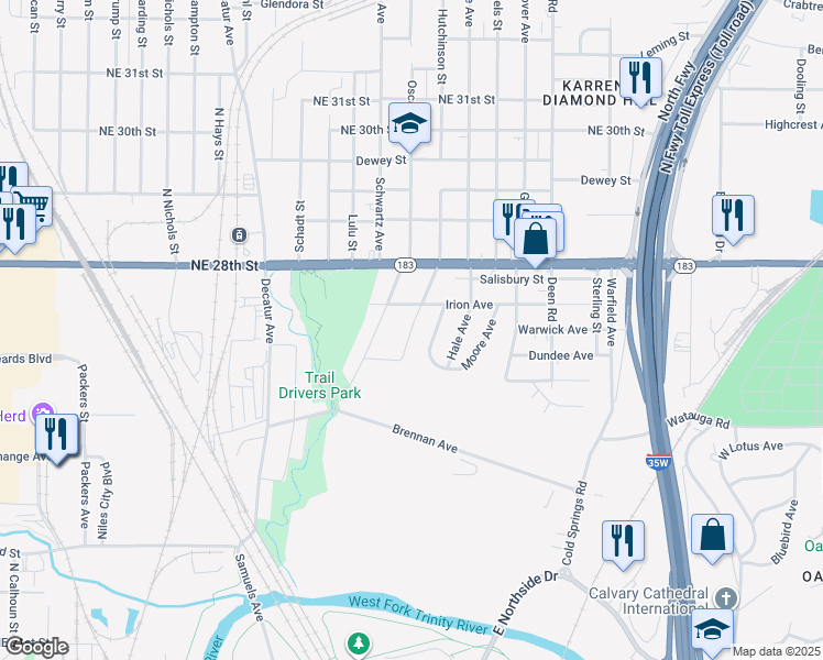 map of restaurants, bars, coffee shops, grocery stores, and more near 2616 Glendale Avenue in Fort Worth