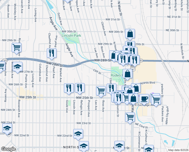 map of restaurants, bars, coffee shops, grocery stores, and more near 2616 Prospect Avenue in Fort Worth