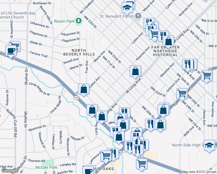 map of restaurants, bars, coffee shops, grocery stores, and more near 2801 Northwest 19th Street in Fort Worth