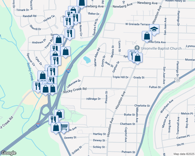 map of restaurants, bars, coffee shops, grocery stores, and more near 1234 Triple Hill Drive in Macon