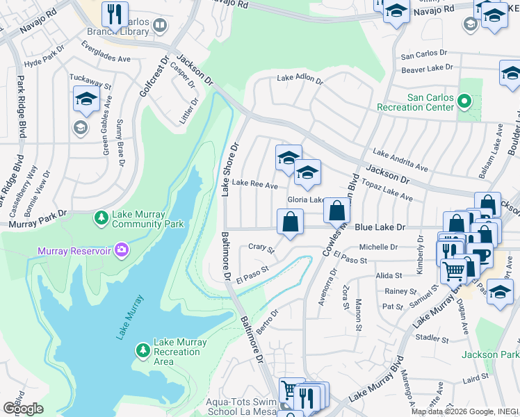 map of restaurants, bars, coffee shops, grocery stores, and more near 6243 Lake Lomond Drive in San Diego