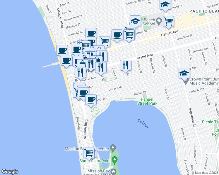 map of restaurants, bars, coffee shops, grocery stores, and more near 4206 Cass Street in San Diego