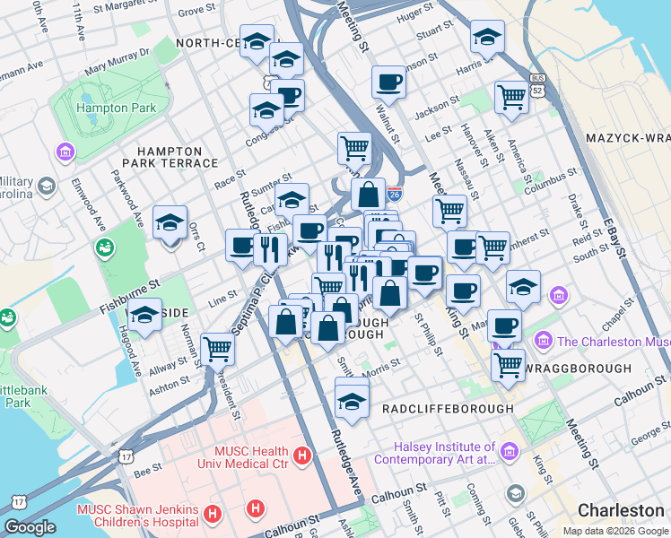 map of restaurants, bars, coffee shops, grocery stores, and more near in Charleston