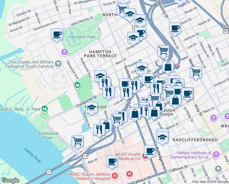 map of restaurants, bars, coffee shops, grocery stores, and more near 13 Killians Street in Charleston
