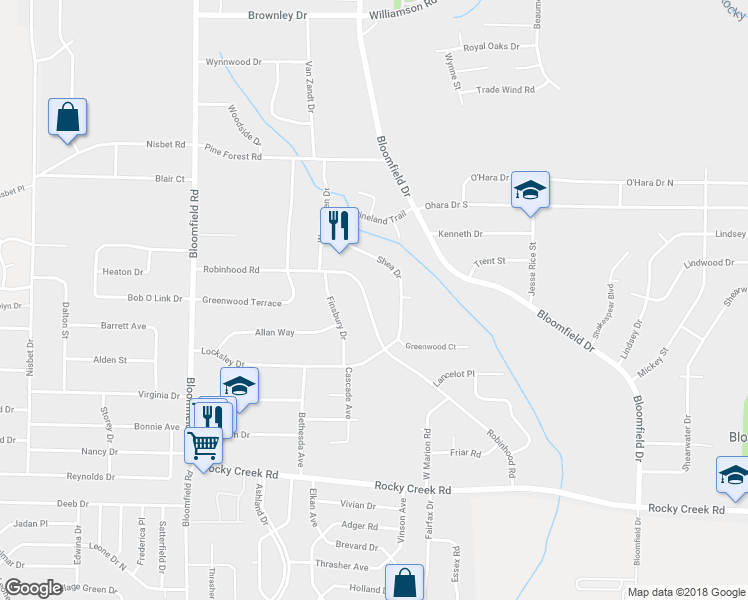 map of restaurants, bars, coffee shops, grocery stores, and more near 2437 Robinhood Road in Macon