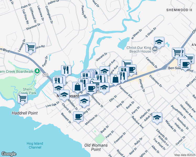 map of restaurants, bars, coffee shops, grocery stores, and more near 656 Coleman Boulevard in Mount Pleasant
